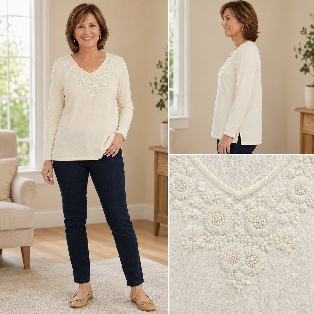 JM Collection‎ Sweater Floral Embroidered Women PL Cream Cottagecore Shabby Chic